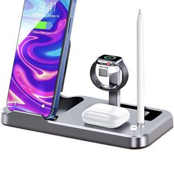 4 in 1 Wireless Charger, Upgraded Qi-Certified Fast Wireless Charging Station&Stand with Breathing Indicator Compatible with iPhone 12 Pro/XS/XR/8, Ap