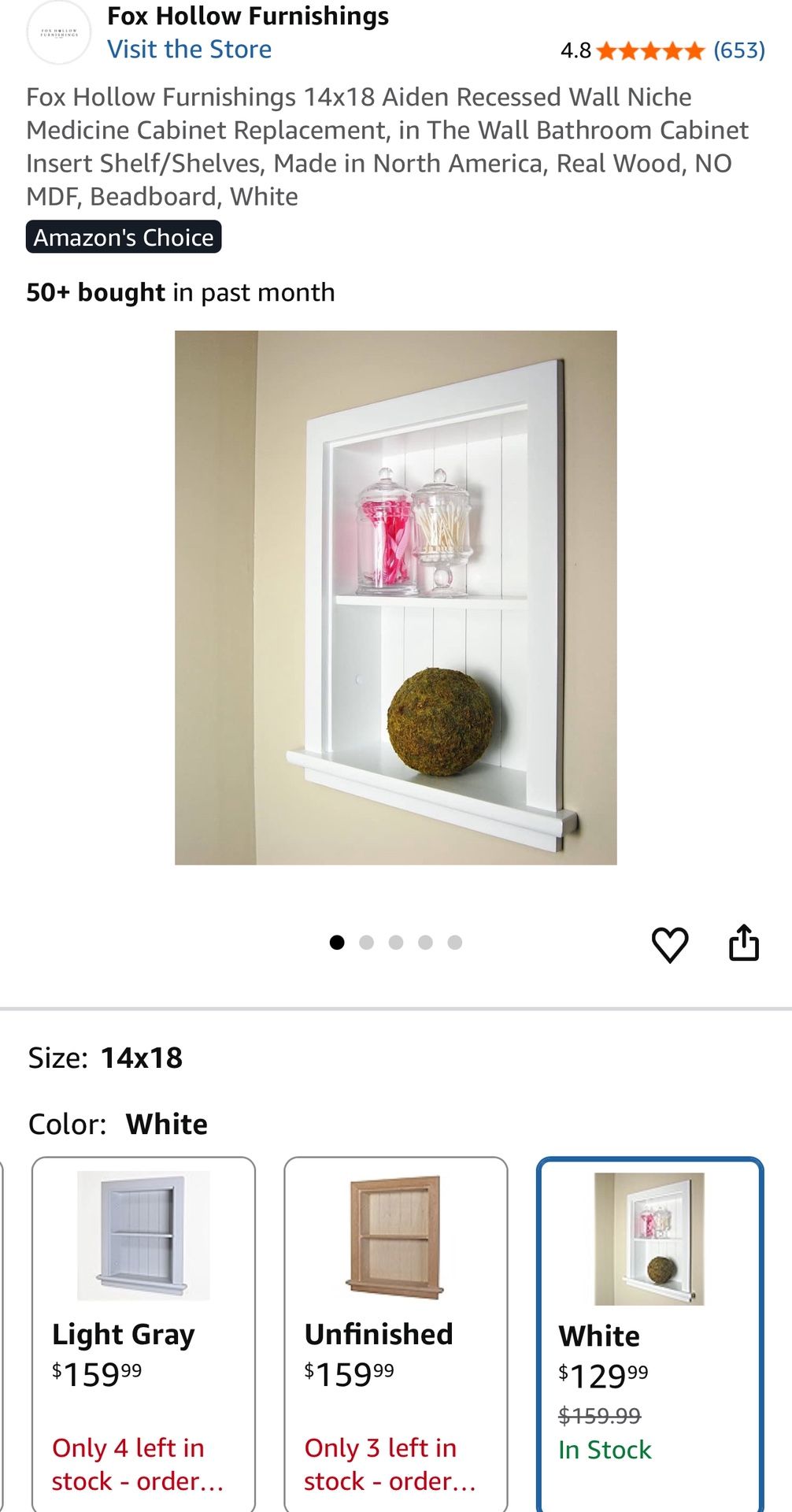 Fox Hollow Furnishings 14x18 Aiden Recessed Wall Niche Medicine Cabinet Replacement, in The Wall Bathroom Cabinet Insert Shelf/Shelves, Made in North