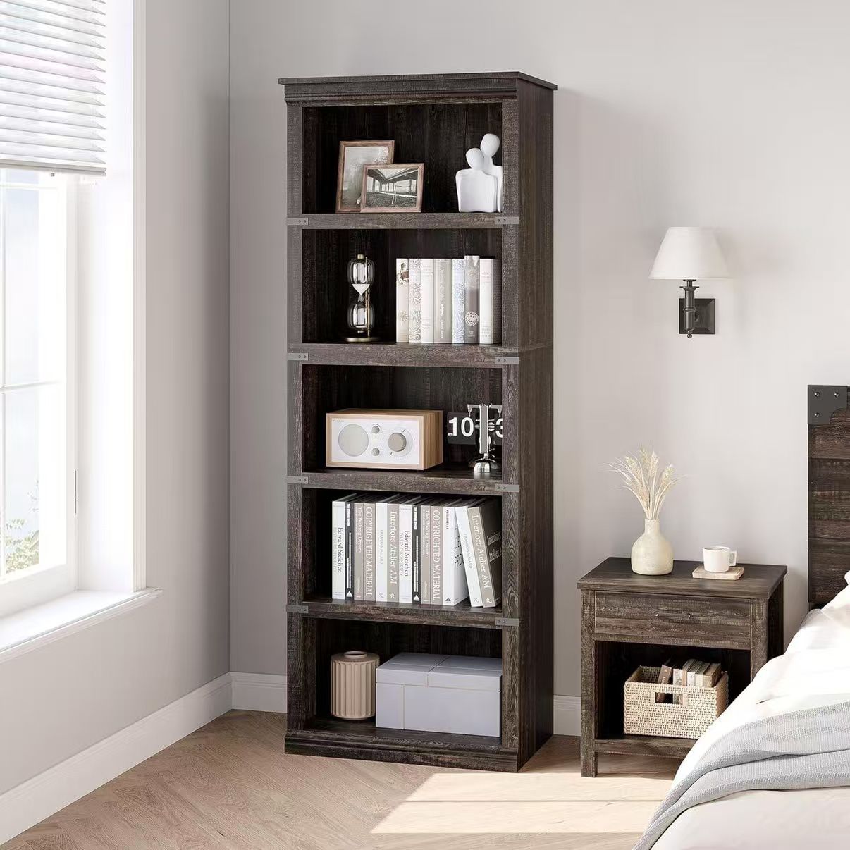 5 Tier Farmhouse Bookcase with Storage, 71" Tall Wooden Shelves, Stable Design, Oak MDF