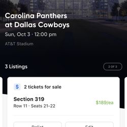 2 Front Row Dallas Cowboys Vs Carolina Panthers Tickets Sec 319