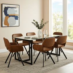 Homy Casa SLIP GLASS 7PC Dining Set 47.2” Glass Table with 6 California Brown Swivel Chairs, Black Legs Open Box