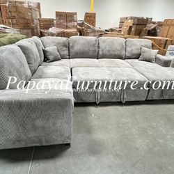 120” LARGE U Shape Sectional with PULL-OUT Bed and STORAGE CHAISE Sofabed Sleeper Couch BIG SALE Convertible Soft Fabric Adjustable Couch Ashley Style