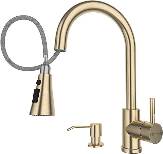 BLYLUND Kitchen Faucets with Soap Dispenser,Brushed Gold Kitchen Faucet with Pull Down Sprayer 3 Modes, Stainless Steel Modern Kitchen Sink Faucets Hi