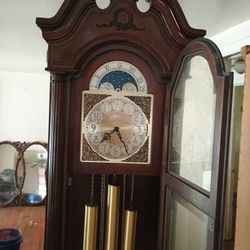 Grand Father Clock, China Cabinet and Smaller Wood  Cabinet With Sliding Glass Door