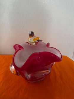 Vintage Red White Cased Glass Bowl Hand Blown Bird Candy Trinket Dish