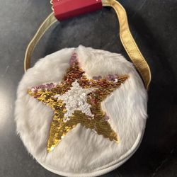 AMERICAN GIRL WHITE STAR SEQUIN FAUX FUR CROSSBODY PURSE with GOLD STRAP