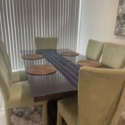 Wood Dining Table + 6 Green Velvet Chairs