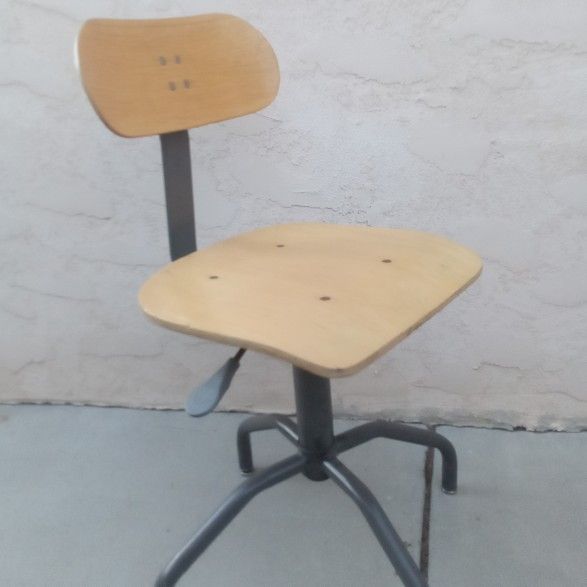 Vintage Wood Metal Office Drafting Task Chair / Swivel Stool with Adjustments on Backrest Height & Depth and Easy One Lever Seat Height Adjustment
