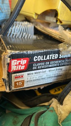 Product: Grip-Rite Wire Weld Coil Nails for Wood Siding.Specifications: 1-3/4 inch length, .090 inch diameter, ring shank, and 15-degree angle.Materia