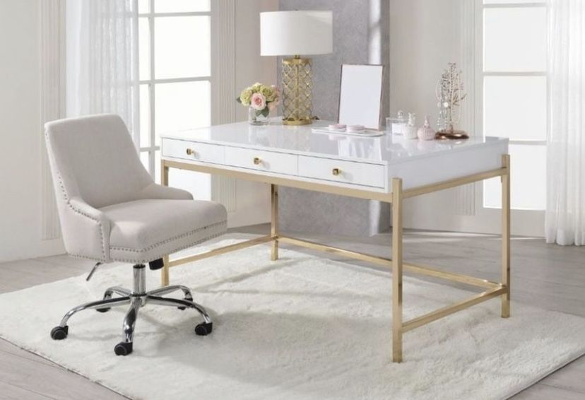 Brand New White High Gloss/Gold Writing Desk