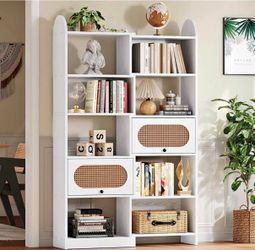 Dakota Fields 6-Tier Bookshelf With 2 Rattan Flip-Top Storage Cabinets, 8-Cube Display Organizer For Living Room, Study, And Bedroom