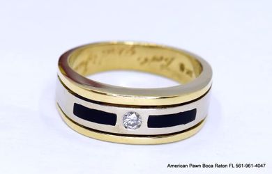 Men's Diamond and Black Onyx Band Ring 14 Karat Yellow and White Gold size 9 3/4