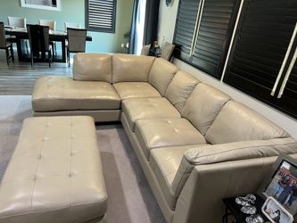 Cream Leather Sectional Couch 