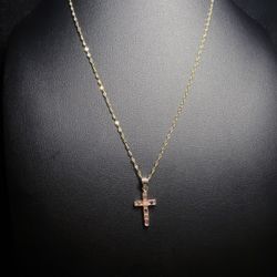 10k Gold Mirror Link Necklace And Cross Pendant 18”