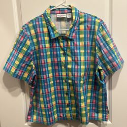 Patchington Women's Short Sleeve Button Up Shirt Petite XL Bold Plaid. 