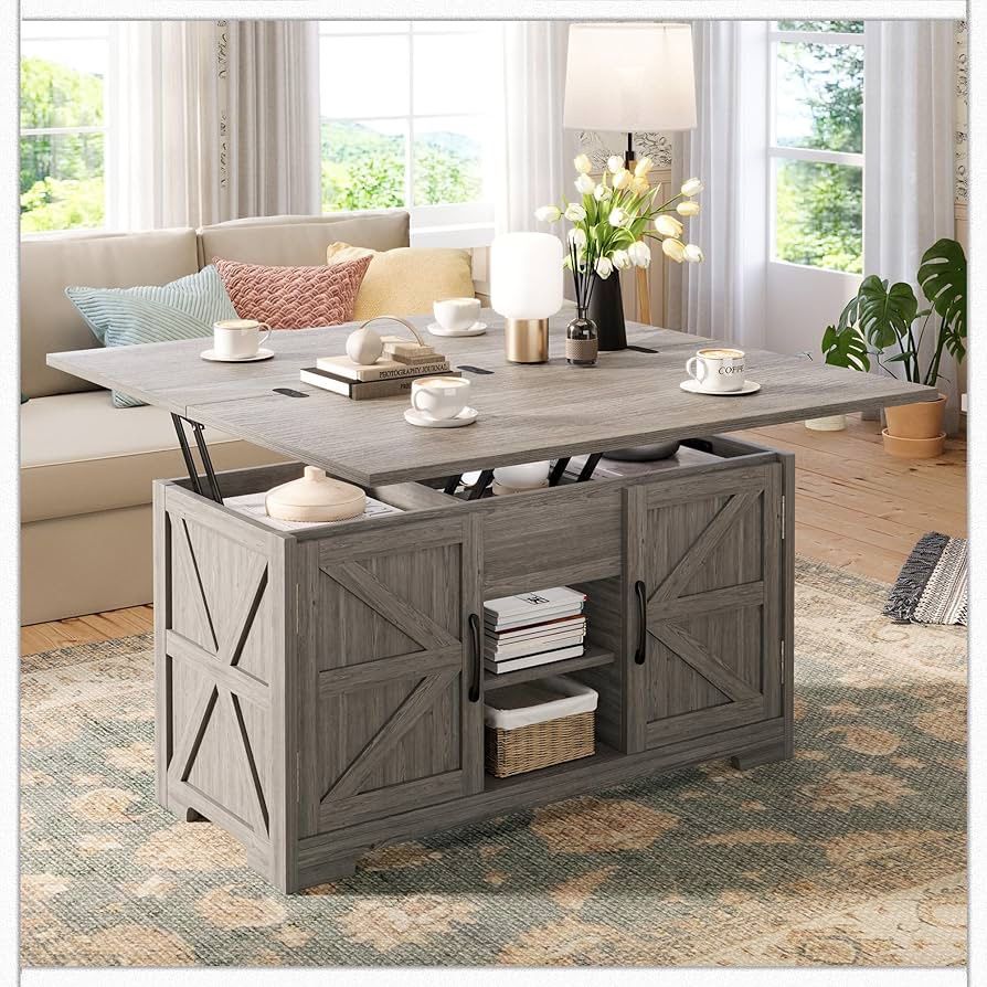 Lift Top Coffee Table with Storage, 4 in 1 Multi-Function Convertible Tea Tables with Hidden Compartment, Farmhouse Center Table Converts to Dining Ta