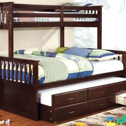 🔥🔥 Brand New Espresso XL Twin Over Queen Bunk Bed w Trundle Bed + Drawers🔥🔥