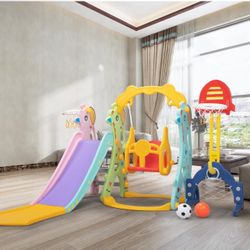 5-in-1 Toddler Slide and Swing Set, Kids Slide for Toddlers 1-8 Years Old, Indoor Outdoor Slide Toddler Playset Toy with Basketball Hoop, Swing, Ball 