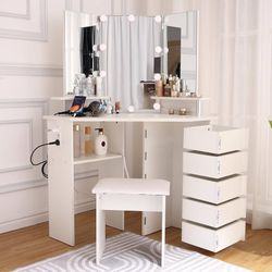 Makeup Vanity with LED Mirror and Charging Ports - Corner Vanity with 2 Charging Station and 5 Rotating Drawers,1 Matching Chair,Lights 3 Colors,White
