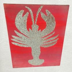Custom Made Silver Glitter Red Canvas Lobster Wall Art Painting