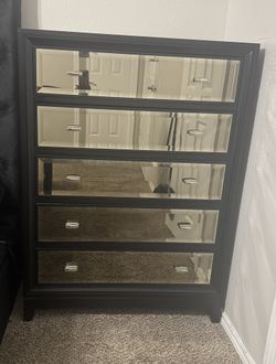 Set Of 2 - Black Wooden 5 Drawer Gold Mirrored Chest Dresser Drawers