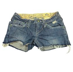 Stitch's Chekore Denim Shorts Women 25 Blue Distressed Low Rise Cutoff Stretch