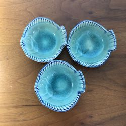 Set Of 3 Blue Ceramic Sushi Dip Fish Bowls Vintage 