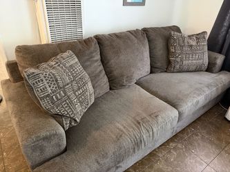 Large Gray Fabric Sofa with Throw Pillows
