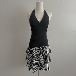Vintage Y2K Black White Zebra Stretchy Halter V Neck Tiered Skirt Mini Dress