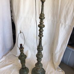 Mid century Brass Lamp Set - for repair, Vintage Green finish with Gold bamds