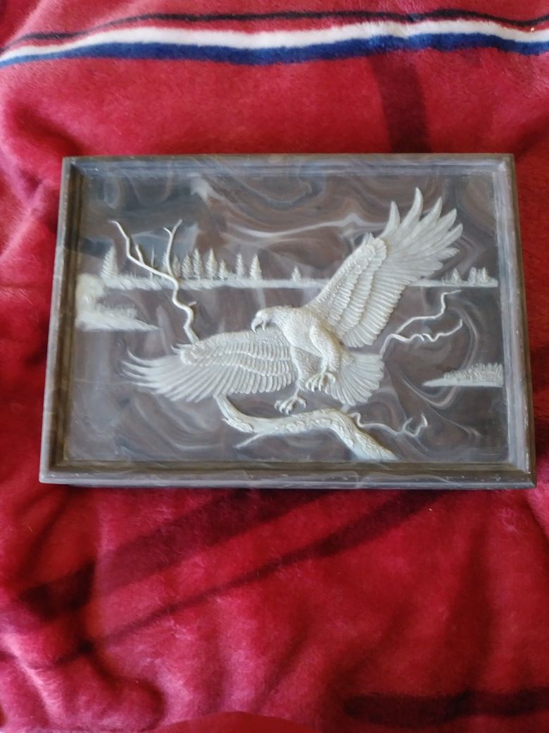 Handcrafted Genuine Incolay Stone Box, Eagle inset