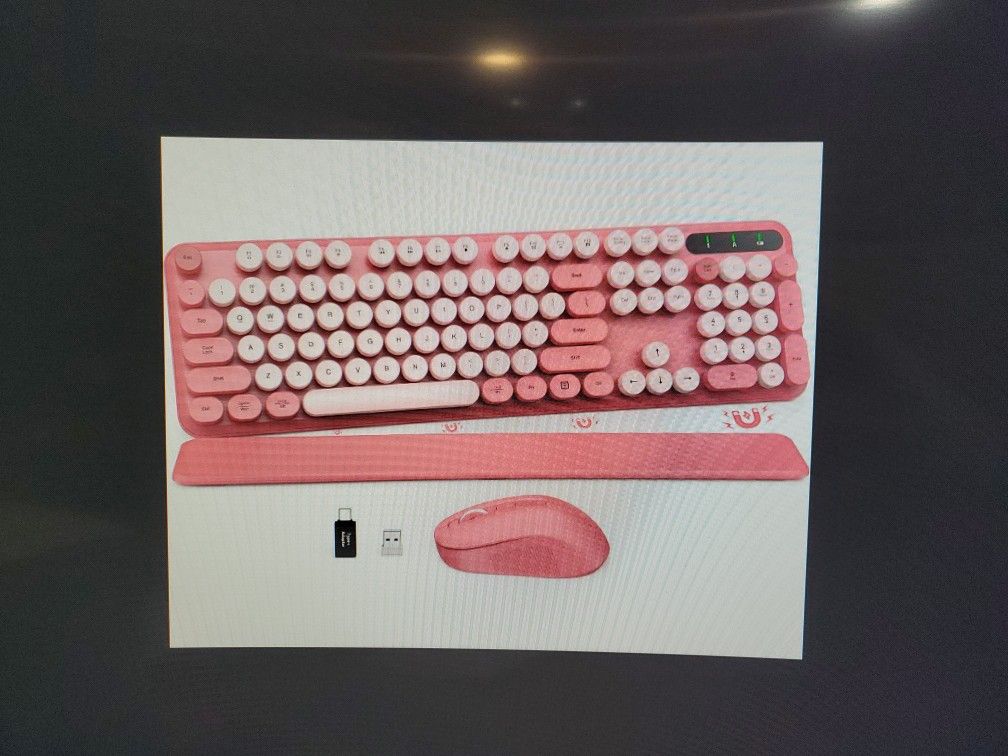 Hot Pink Wireless Keyboard & Mouse Combo, Round Typewriter Keycaps Wrist Rest 2.4G USB Receiver