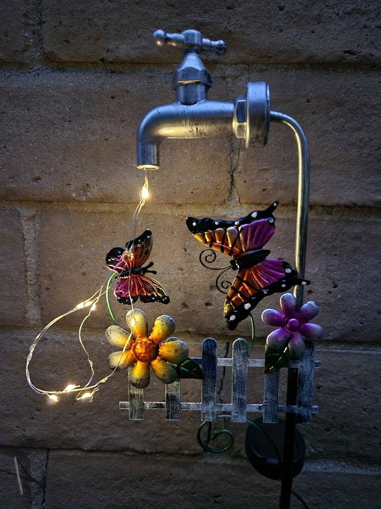 Metal Butterfly With Faucet Flashing Solar Stake Yard Art Home Decor, 36" H