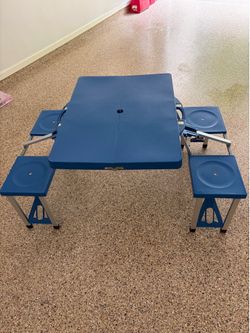 Portable Folding Picnic Table with Seats for 4, Collapsible Aluminum Table with Benches & Umbrella Hole, Lightweight Foldable Table for Camping, Trave