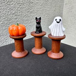 š Cute handmade Halloween pumpkin, black cat & ghost on wooden spool mini miniature