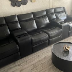 Large Leather Couch Black 2  Power Recliners On Each End With Storage And Cup Holders 
