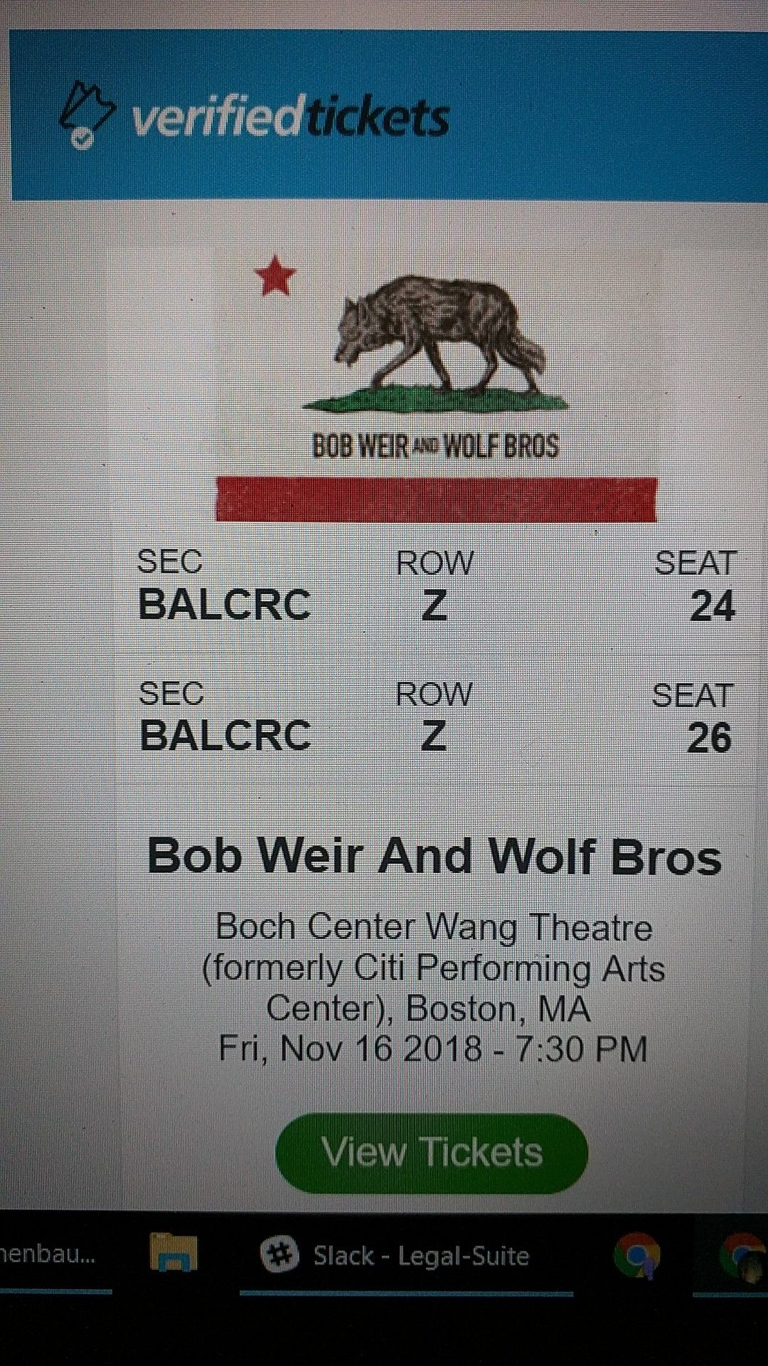 Bob Weir and Wolf pack @ Wang, Nov 16, 2 tickets