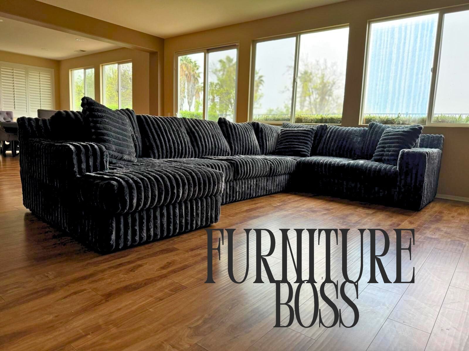 Black Sectional Sofa With Soft Fur Like Corduroy Fabric