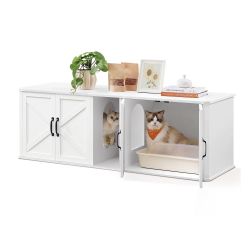 Double Cat Litter Box Enclosure, Modern Litter Box Furniture Hidden for 2 Cats, Front Entry, Cat House, Side End Table, TV Stand, 59 x 19 x 19.5 Inche