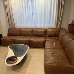 Burton Honey Brown Natural Leather 132" 3 Piece Modular L-Shaped Sectional | Reversible | Deep Seated | Armless