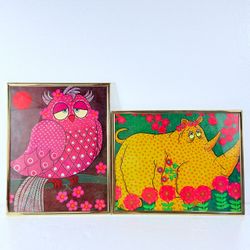 Pair of Vintage Framed Whimsical Animal Prints