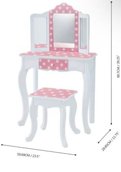 Teamson Kids Princess Gisele Polka Dot Print 2-Piece Kids Wooden Play Vanity Set with Vanity Table, Tri-Fold Mirror, Storage Drawer, and Matching Stoo