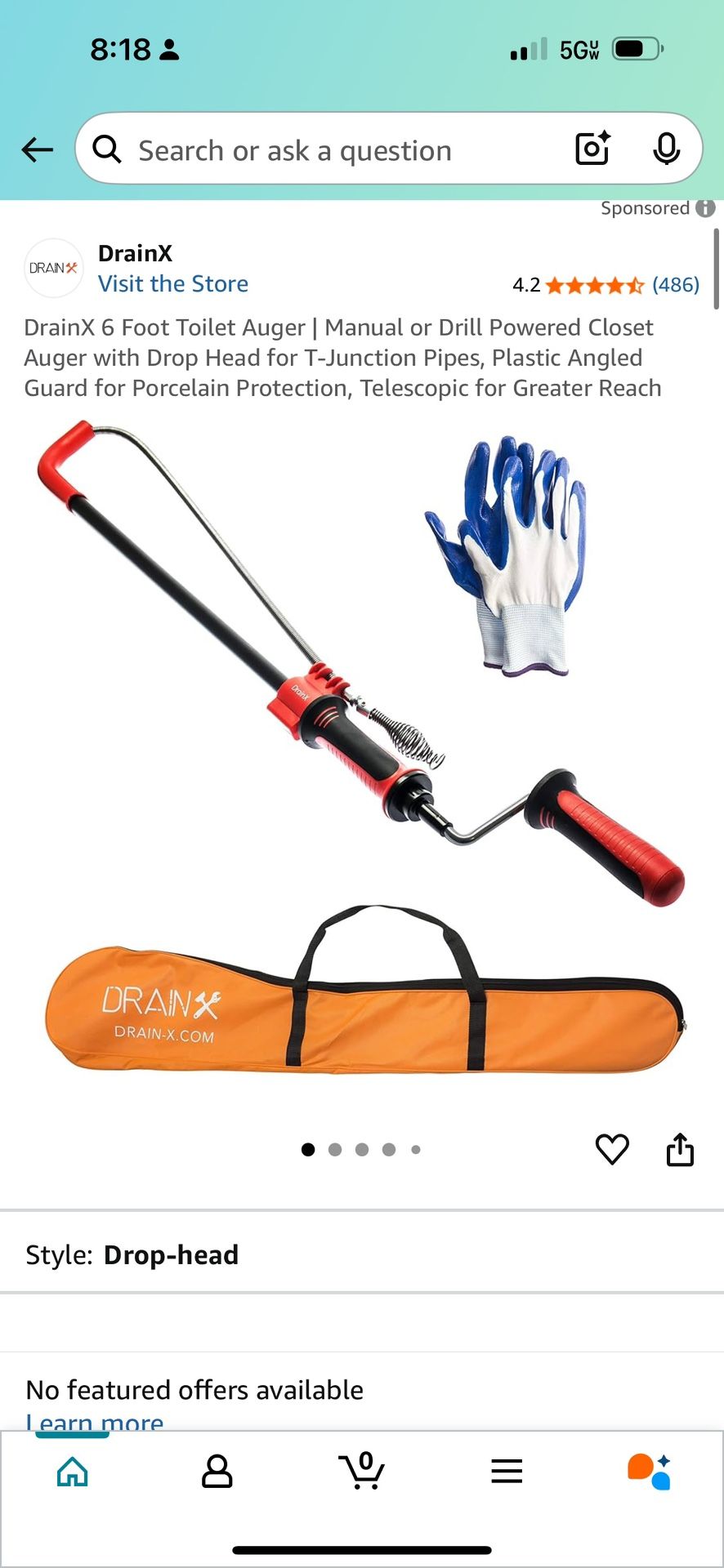 DrainX 6 Foot Toilet Auger | Manual or Drill Powered Closet Auger with Drop Head for T-Junction Pipes, Plastic Angled Guard for Porcelain Protection,