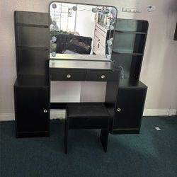 Black Vanity Desk w/ Lighted Mirror, Storage & Stool