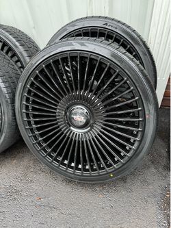 NEW 26 inch gloss black spoke wheels with Cadillac floating caps  with 305/30r26 Atturo tires