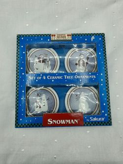 1998 Vintage Set of 4 Debbie Mumm Snowman Ceramic Christmas Tree Ornaments