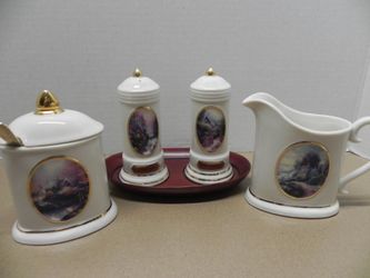THOMAS KINKADE SET: CREAMER, SUGAR, SALT & PEPPER - TRAY, SPOON
