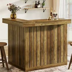 YS0318 L-Shaped Home Bar Unit with Storage Shelves and Wine Glasses Holder for Home Pub, Brown