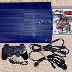 BLUE SONY PLAYSTATION 3 PS3 CONSOLE WITH VIDEO GAME, CONTROLLER & CORDS