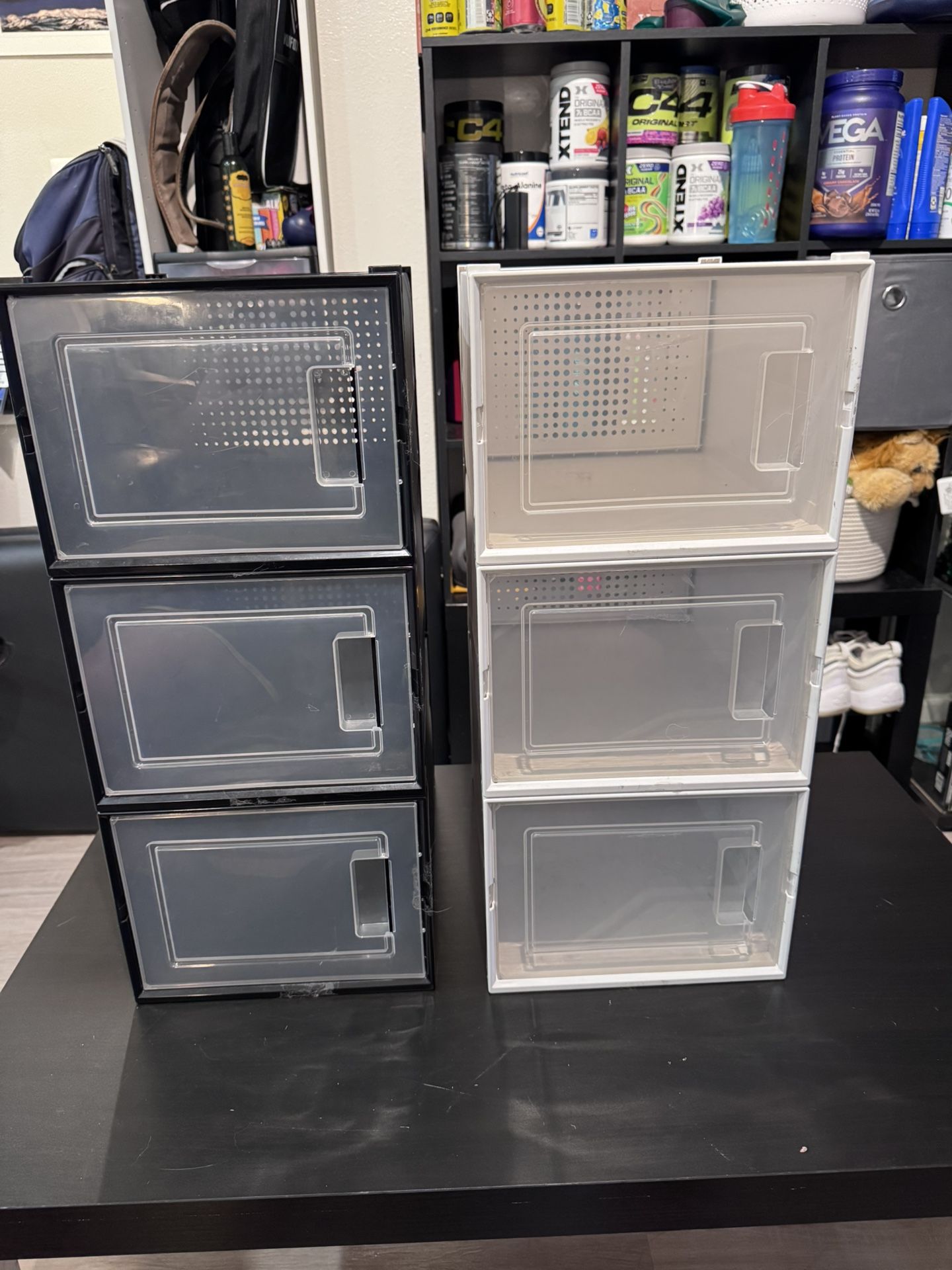 Set of 6 Stackable plastic Shoe Storage Boxes – Clear Front Door, Black & White, 9.75x13.75x7.25”